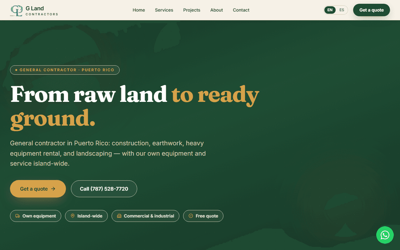 G Land Contractors website, designed and built by R21 Digital
